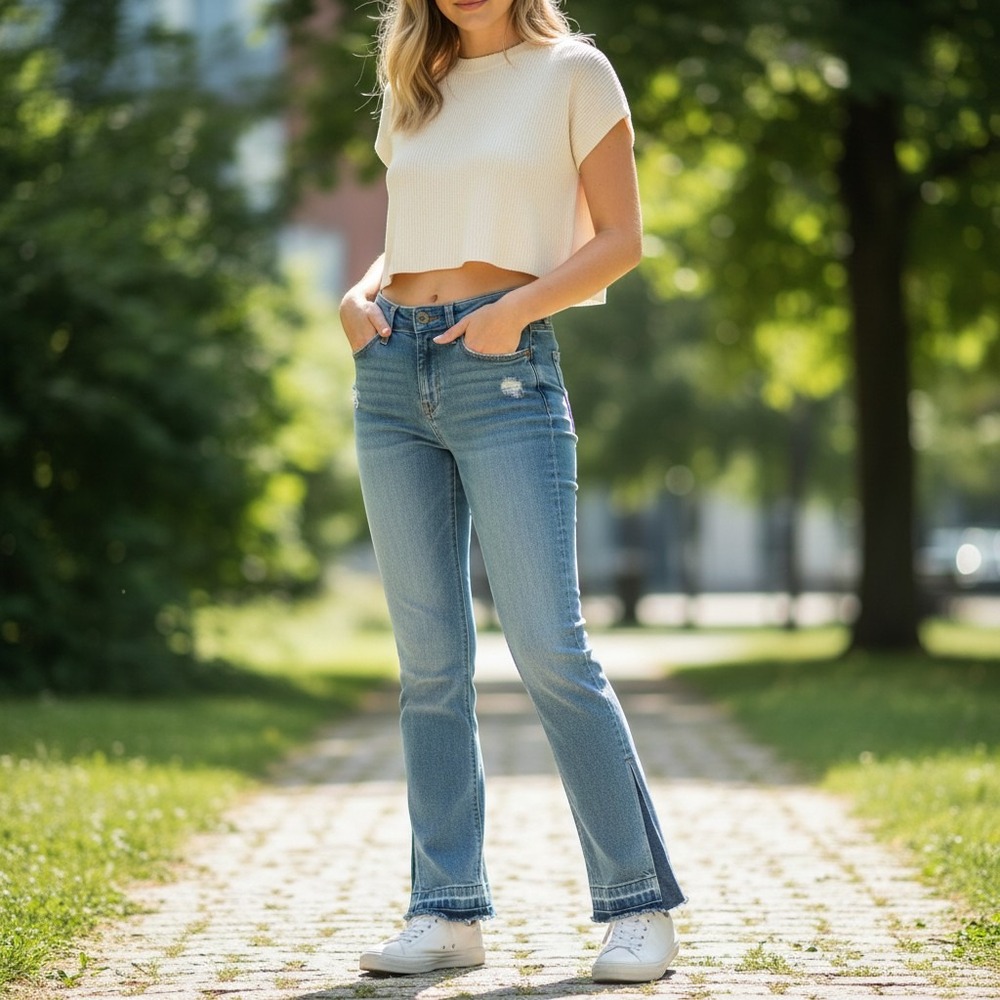 American Eagle Light‎ Wash Distressed Side Slit Raw Hem Slim Straight Jeans 26